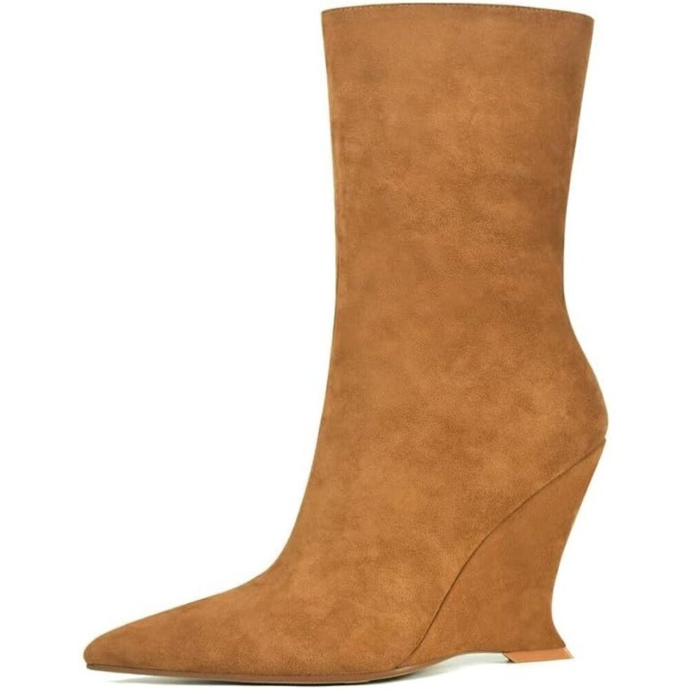 Women's Brown Suede Wedge Heel Fashion Pointy Mid Calf Side Zipper Booties